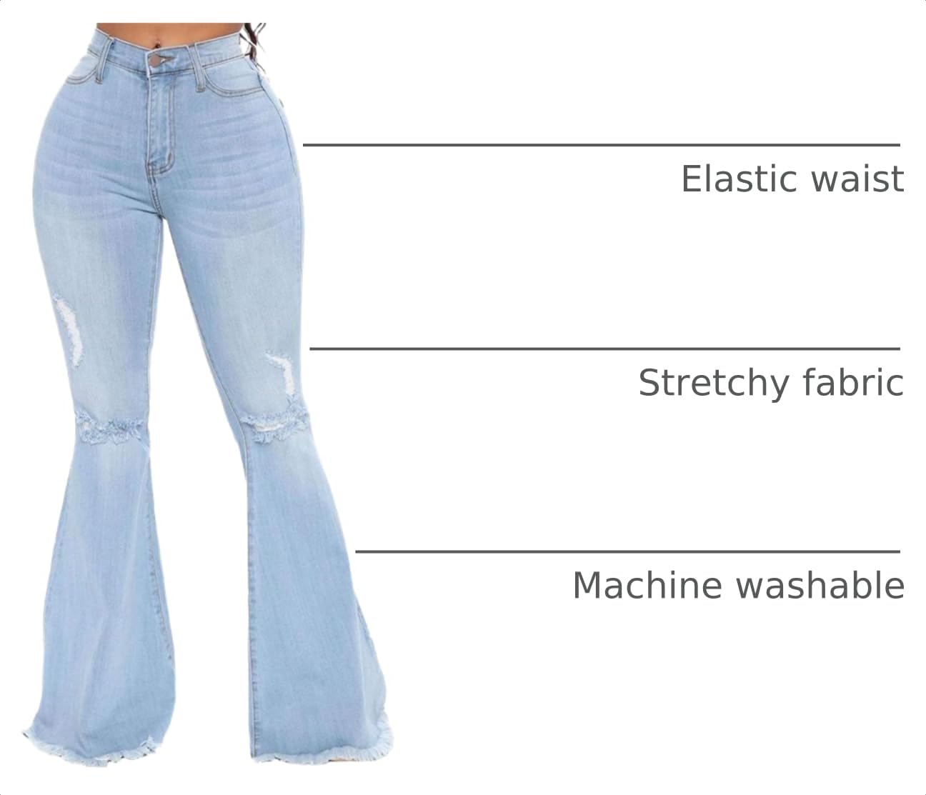 BISUAL Women Destoryed Flare Jeans Elastic Waist Ripped Bell Bottom Raw Hem Stretch Denim Pants (Light Blue, Medium)