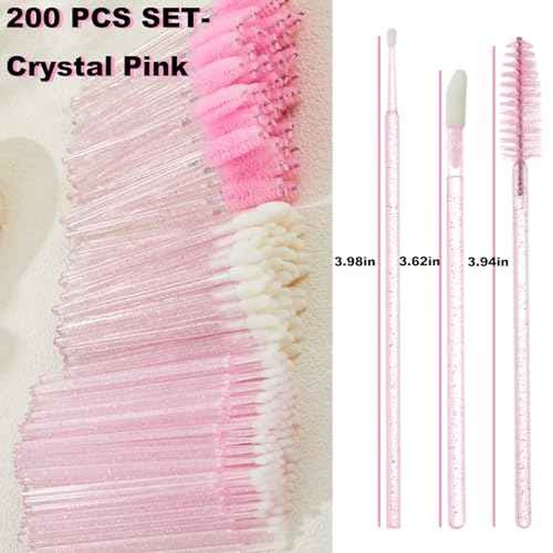 200PCS Disposable Eyelash Extension Kit for Professionals ? Lash Spoolie Brushes, Micro Swabs, Mascara Wands, Lip Brushes for Eyelash Extensions, Tattoo, Lipstick Application(Crystal Pink)