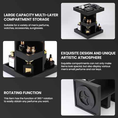 EXIN DECHEN Cologne Organizer for Men,Cologne Stand,3 Tier Large Capacity Wood Perfume Shelf with Rotate,Desk & Nightstand Organizer,Mens Husband Birthday Gifts Ideas,Christmas Gifts for Men(Black)