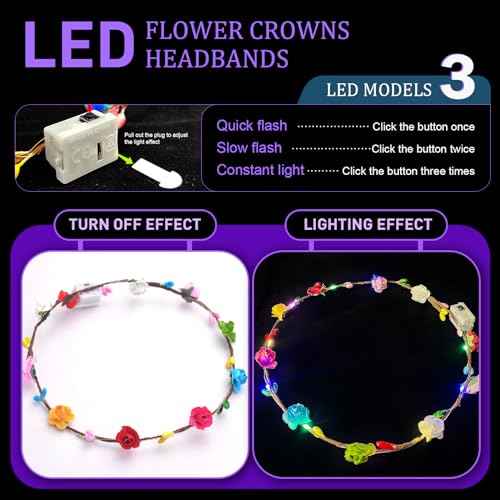 50 Pcs LED Flower Crowns Headbands,Flower Crowns For Women,Mardi Gras Light Up Headbands Tiara Flower Crown Accessories for Wedding Beach Party Birthday Cosplay Halloween Christmas Day