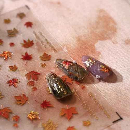 5D Embossed Autumn Maple Leaves Nail Stickers for Nail Art Thanksgiving Day Nail Art Stickers Fall Nail Decals Self-Adhesive Gold Maple Leaf Nails Sticker for Women Girls Nail Supplies