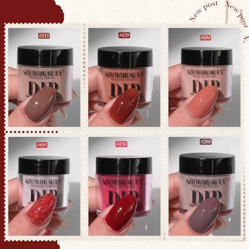 AZUREBEAUTY Dip Powder, Brown Red Glitter 6 Colors Dipping Powder Starter Kit French Nail Art Manicure DIY Salon for Women, No Need Nail Lamp Cured