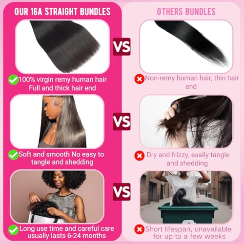 Beauty Queen 16A Human Hair Bundles Straight (16 16 16 Inch) 100% Unprocessed Brazilian Weave 3 Bundles Thick Straight Virgin Remy Human Hair Natural Color Hair Extensions