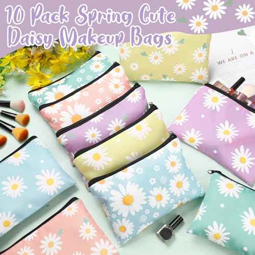 Kacctyen 10 Pcs Makeup Bags Bulk for Women Daisy Small Zipper Pouch Purse Canvas Cosmetic Bag Mini Pouch Gift for Housekeeping Week Employee Thanksgiving Christmas Teacher Mom Travel Storage Organizer