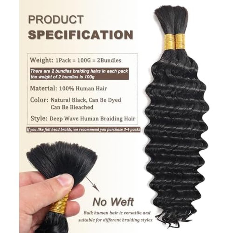 Bulk Human Hair for Braiding - 12A Curly Human Hair Bundles for Black Women - 24 inch, Deep Wave, No Weft, Boho Braids - 100% Unprocessed Brazilian Virgin Human Hair Extensions - Beauty Youth