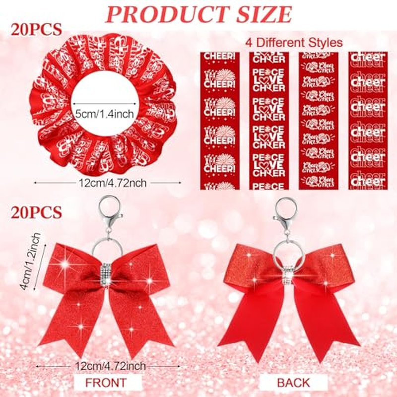 Mimorou 80 Pcs Cheer Gift Bulk for Team Cheerleader Gifts Include 20 Cheerleader Bracelet 20 Cheer Makeup Bag 20 Keychain 20 Scrunchies for Cheerleading Party Favors