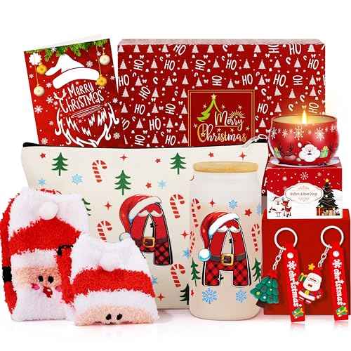 Christmas Gifts for Women - Initial Glass Cup Makeup Bag, Christmas Decorations, Stockings, Scented Candles, Card & Keychain Set for Her