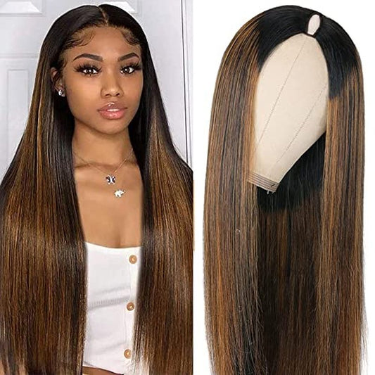 CHEETAHBEAUTY FB30 Ombre V Part Wig Human Hair 8Inch No Leave Out Upgrade Straight U Part Wig Highlight Blonde No Glue Brazilian Virgin Straight Human Hair Wigs for Women Colored Brown 180% Density