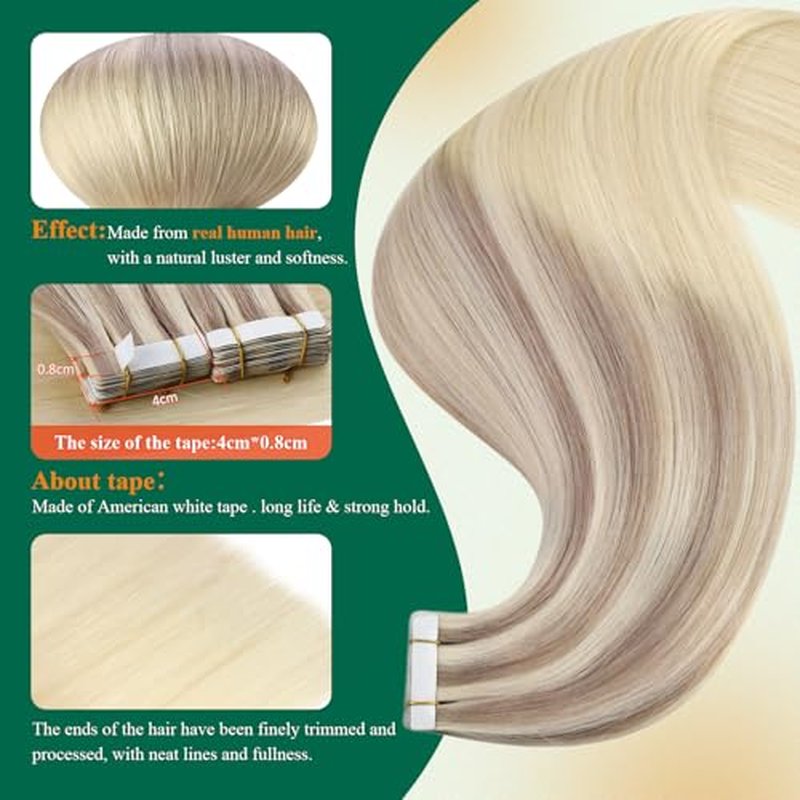 Easyouth Human Hair Extensions Tape in Blonde Ombre Tape in Hair Extensions Human Hair Ash Blonde Balayage Platinum Blonde Hair Extension Tape ins Daily Wear 22Inch 20pcs 50g Seamless Hair Extension