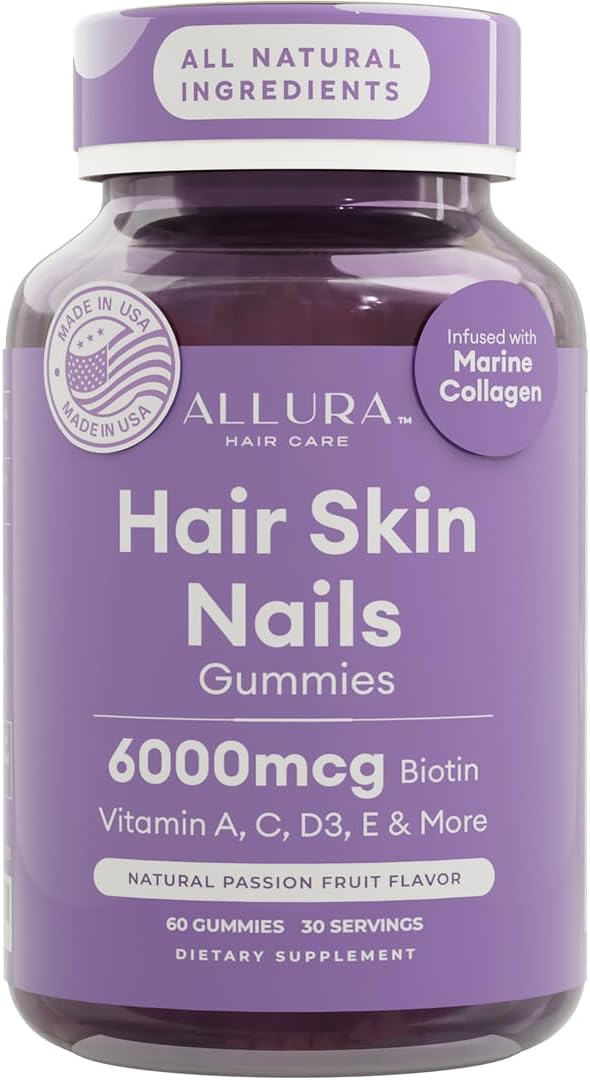 Hair Skin and Nails Vitamins - Extra Strength 6000mcg Biotin Gummies with Marine Collagen | Passion Fruit, 60ct for Healthy Hair Growth