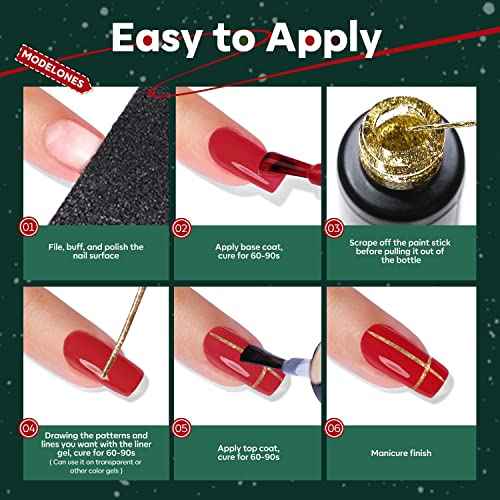 modelones 6 Color Christmas Gel Polish Nail Art Liner Set White Red Green Brown Glod Silver Glitter Sparkle for French Tip Swirl Nails with Thin Brush Soak Off Winter Holiday Manicure Gift for Women