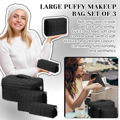 3 Pcs Large Puffy Makeup Bag Set Quilted Cosmetic Pouch for Women Cute Checkered Travel Toiletry Bag Puffer Makeup Organizer Purse Pouch Preppy Pencil Case with Zipper(Black)