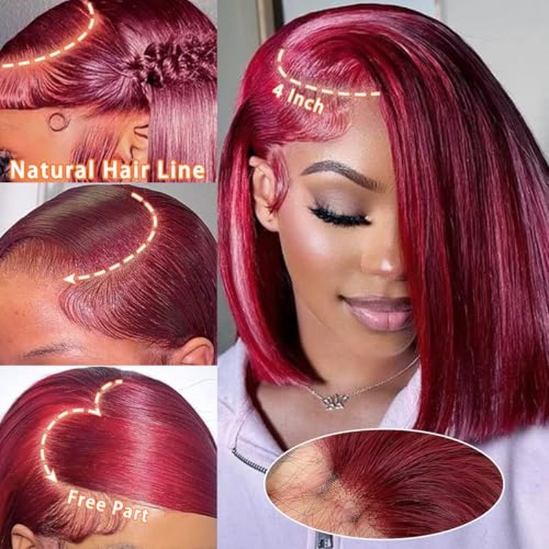 99j Burgundy Bob Wig Human Hair 13x4 Lace Front Wigs 12 Inch Short Straight Wine Red Bob Wig Pre Plucked 180% Density Natural Hairline Wigs for Black Women