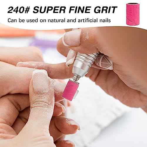 Rolybag Sanding Bands for Nail Drill 240 Grit Extreme Fine Nail Sanding Bands 200Pcs Pink Professional Sanding Bands and 2Pcs Nail Drill Bits for Manicures and Pedicure