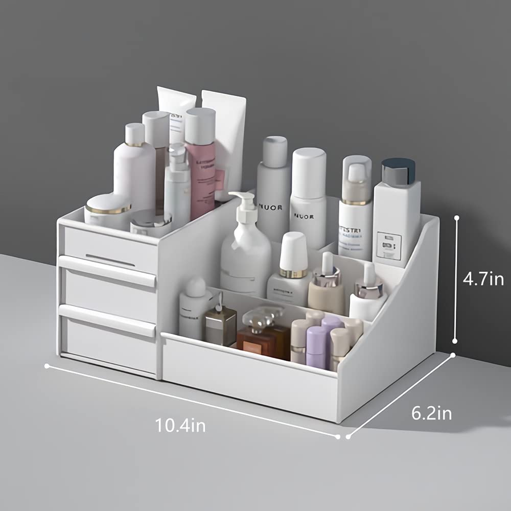 XIOU Makeup Desk Organizer with Drawers - Countertop Organizer for Cosmetics, Vanity Holder for Lipstick, Brushes, Lotions, Eyeshadow, Nail Polish and Jewelry (White)