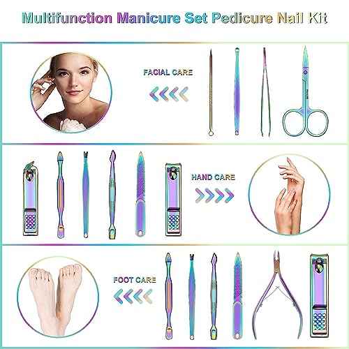 Manicure Set Nail Clippers Pedicure Kit - 12pcs Stainless Steel Nail Kit, Colorful Professional Nail Care Kit Nail Files & Scissors Tools for Hands Foot Facial - Pink