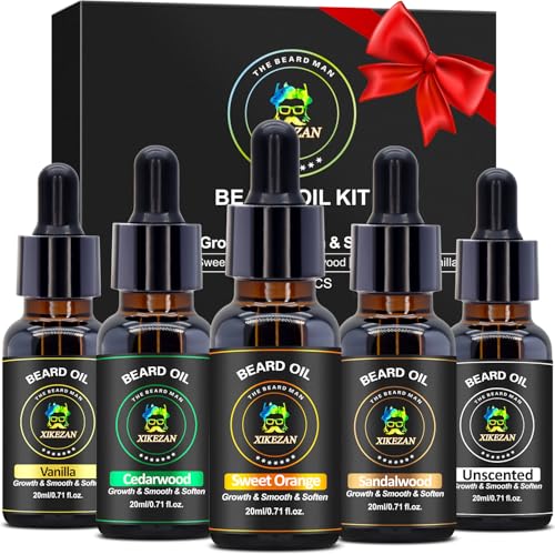 XIKEZAN 5 Pack Beard Oil Set w/Sandalwood, Orange, Vanilla, Cedarwood, Unscented for Beard Care, Moisturizing, Soften,Birthday Gifts for Men Him Dad Husband Christmas Gifts Stocking Stuffers