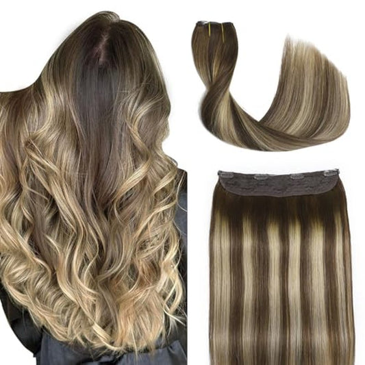 Sindra Wire Hair Extensions Real Human Hair 14Inch 70g Balayage Medium Brown Mix Caramel Blonde Fishing Line Extensions With Adjustable Clips Wire14#4/27/4