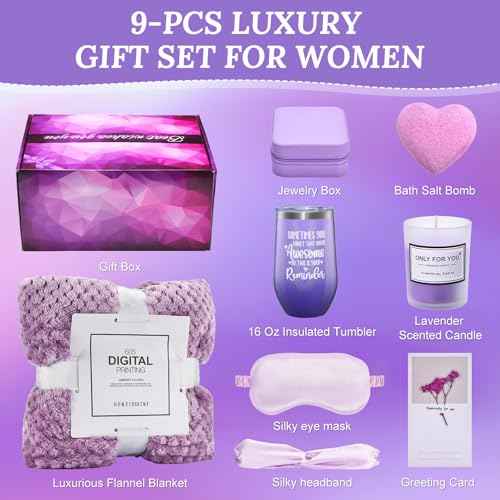 Birthday Gifts for Women Gifts Basket, Self Care Gifts ,Romantic Spa Gifts Care Package with Purple Flannel Blanket,Unique Xmas /Birthday Gifts for Mom, Sister, Wife, Girlfriend, Friends