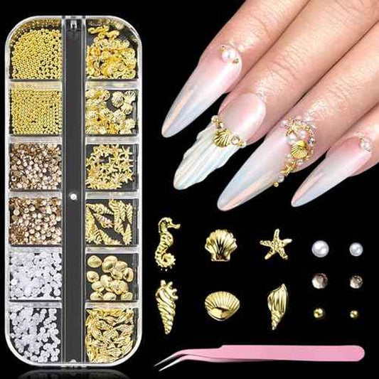 Summer Nail Charms, 3D Beach Nail Charms Metal Starfish Seashell Tropical Ocean Nail Art Decorations, Gold Beads and Pearls Rhinestones with Tweezers for Manicure, concha nacar para u?as