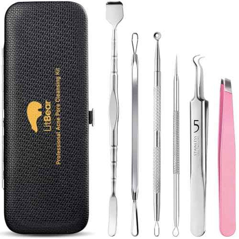 Litbear 6 Pcs Blackhead Remover Tools,Pimple Popper Tool Kit,Blackhead Pimple Comedones Extractor,Acne Tools Extractor kit, Scraper for Face Nose Deep Cleansing with Leather Case