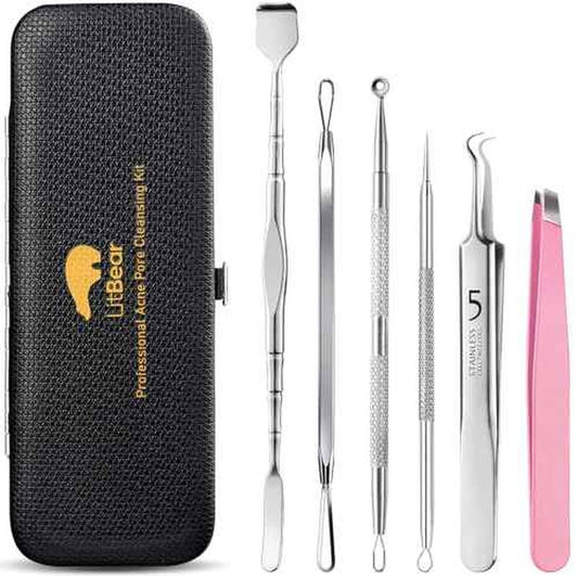 Litbear 6 Pcs Blackhead Remover Tools,Pimple Popper Tool Kit,Blackhead Pimple Comedones Extractor,Acne Tools Extractor kit, Scraper for Face Nose Deep Cleansing with Leather Case