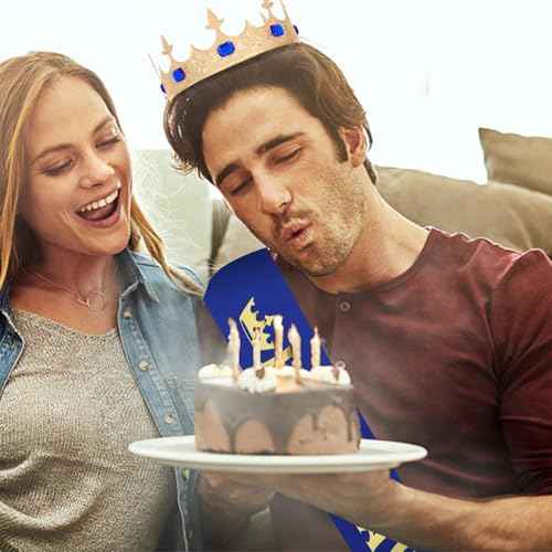 CURASA Birthday King Crowns for Men Gold Birthday Crown for Men Royal Blue Birthday King Sash and Crown Birthday Sash for Men Birthday Decoration Hair Accessories for Mens Party Prom