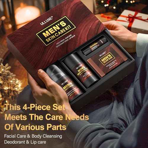 Skin Care Kit for Men, Face Skincare, Lip Care & Body Care for Men, Mens Skincare Set with Face Cream, Lip Balm, Deodorant Stick & Bath Soap, Gifts for Mens Birthday, Husband Dad Gift