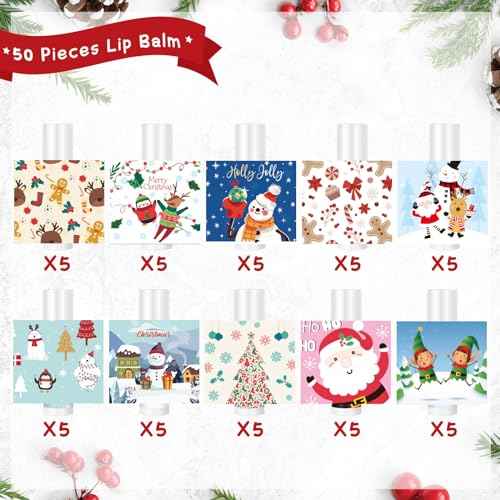 MTLEE 50 Pcs Christmas Lip Balm Bulk with 10 Designs 5 Flavored Holiday Gifts Moisturizing Lip Balms Stocking Stuffer Gift Christmas Party Supplies Favors for Kids Women Men