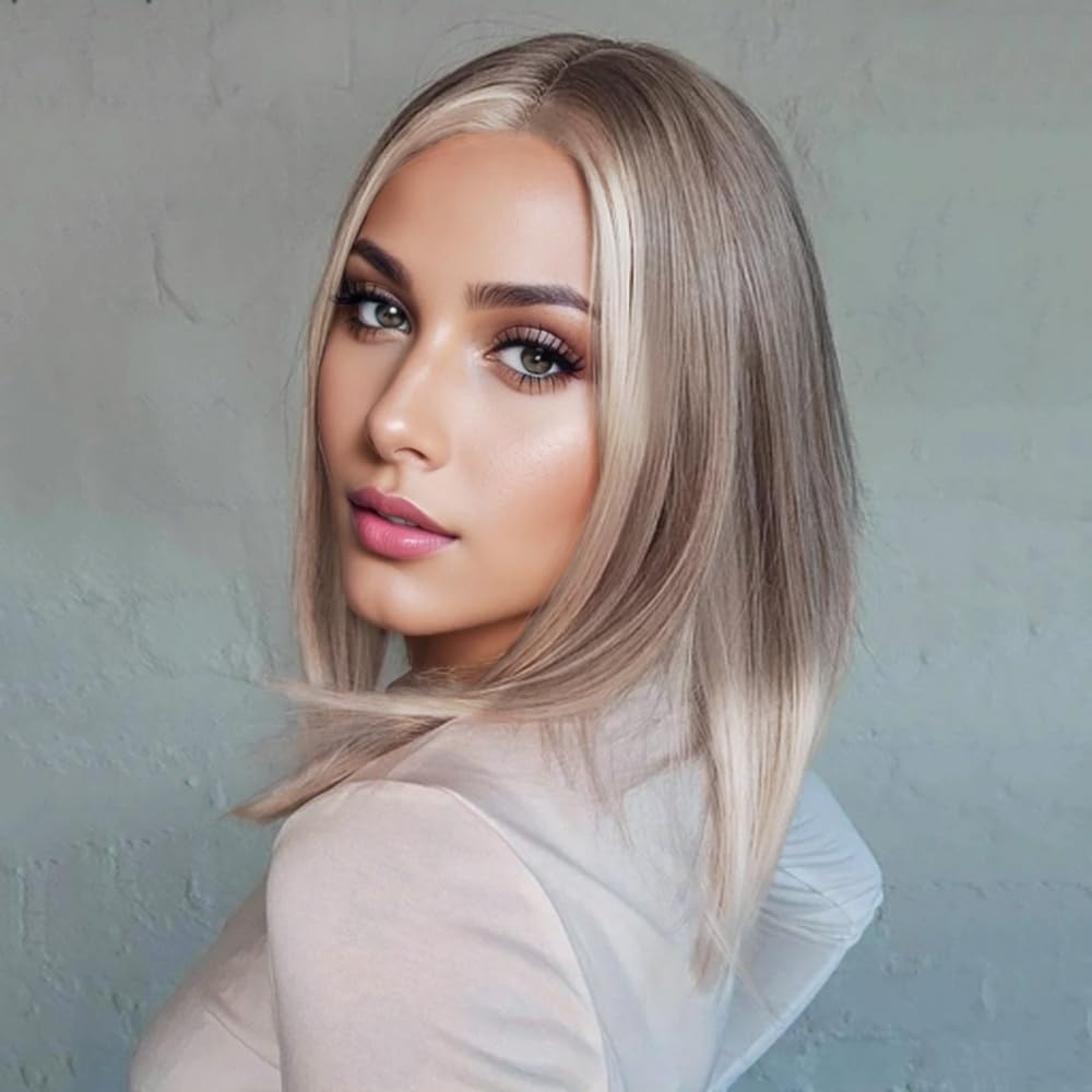 Ombre Ash Blonde Lace Front Wig - Pre-Plucked Baby Hair, White Grey Balayage Highlights | Straight Bob Synthetic Wig for Women