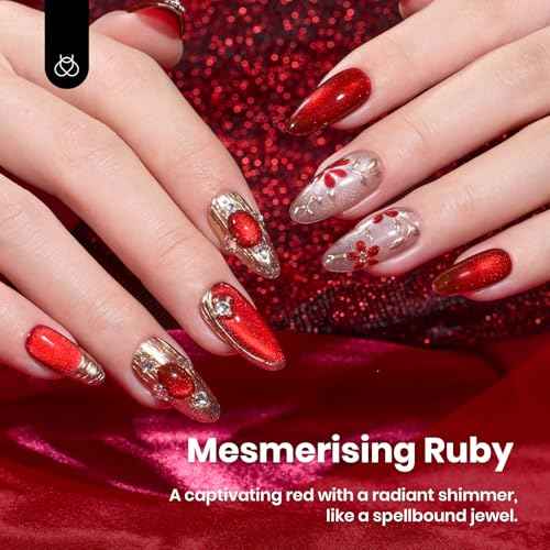 beetles Gel Polish Ruby Red Cat Eye Gel Nail Polish - 15ML Red Glitter Gel Polish Fall Nail Gel Magnetic Shimmer Effect Soak Off UV French Nail Art Design Salon DIY Manicure Gifts for Wome