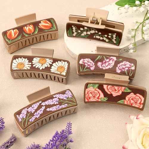 Floral Western Hair Claw Clips for Women Large Clip For Thick Hair Flowers Big Hair Clips for Women 6PCS Vintage Matte Leather Hairpins Long Hair Bridesmaid Proposal Spring Gift for Girlfriend