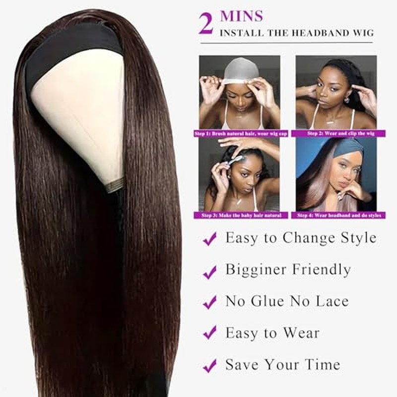 Headband Wig Human Hair Straight Chocolate Brown 18 Inch Headband Wigs for Black Women Glueless None Lace Front Wig Brazilian Virgin Human Hair Wigs 150% Density
