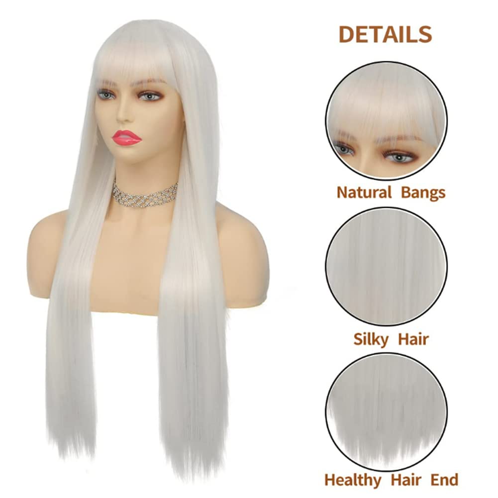 Tseses White Straight Long Wigs for Women with Flat Bangs Synthetic Hair Natural Looking Halloween Cosplay Daily Wig with Wig Cap