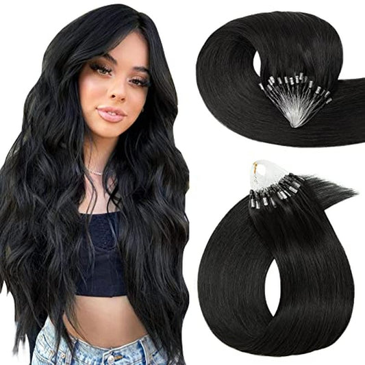 Hairro Microlink Hair Extensions Human Hairo Micro Loop Microbeaded Hair Microlinks Pre Bonded Cold Fusion I Tip Hair For Women 14 inch 50g 100 Strands #01 Dark Black