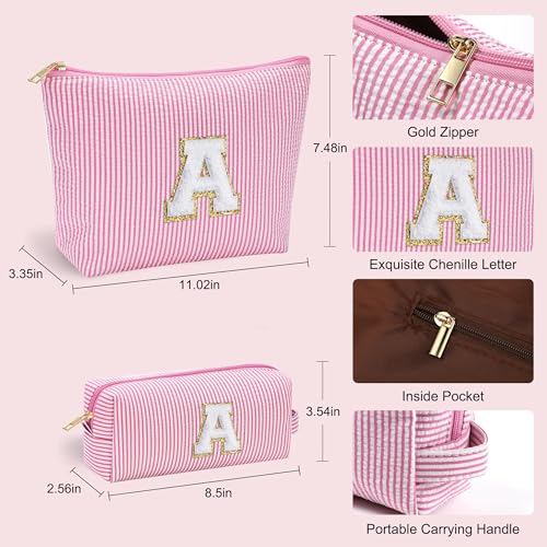 YOOLIFE Personalized Initial Makeup Bag for Women | Pink Cosmetic Travel Toiletry Bag | 11 12 13 14 15 16 Years Old Girl Gifts | Preppy Stuff Teen Girl Gift Trendy Stuff A