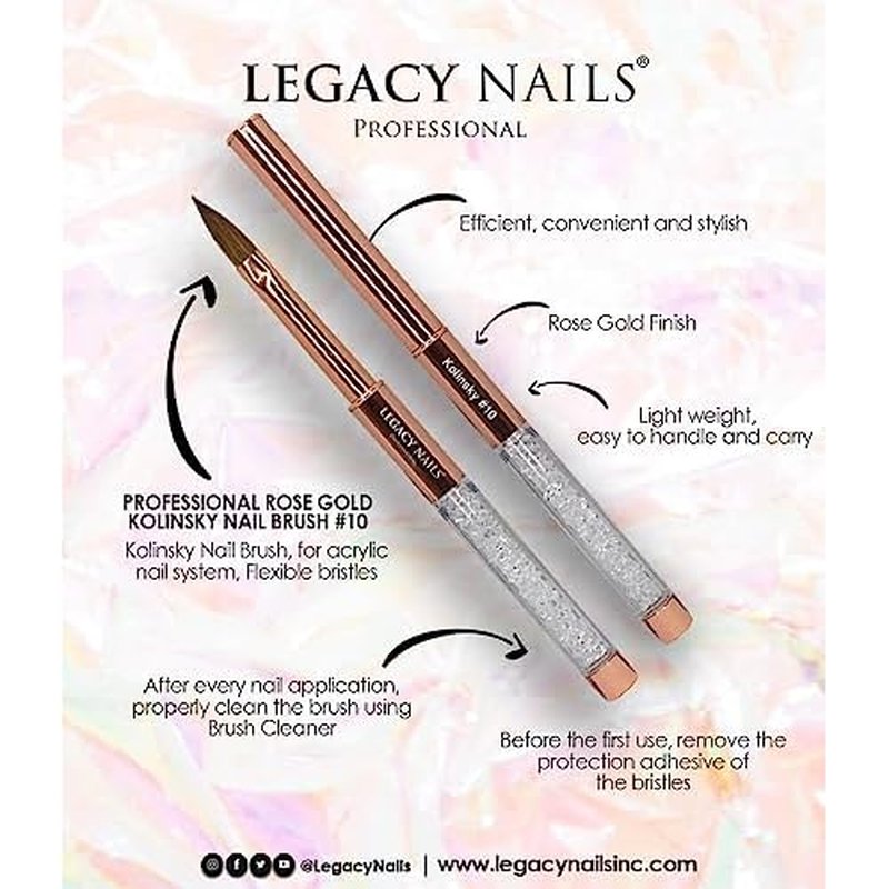 Legacy Nails Professional Rose Gold Kolinsky Nail Brush #10 - Perfect For Sculpting Acrylic Nail Extensions Flexible bristles Light weight