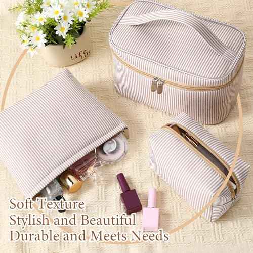 3 Pieces Seersucker Makeup Bag Set Cute Cosmetic Pouch for Women Travel Toiletry Bag Preppy Small Makeup Purse Pouch Aesthetic Skincare Brushes Storage Organizer for Women(Khaki)