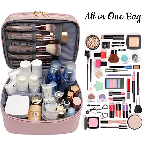 Makeup Bag,Leather Double Layer Large Makeups Organizer Bag,Travel Accessories Dorm Room Essentials Toiletry Bag for Women,Travel Essentials Cosmetic Bag Makeup Case,Mothers Day Gifts Graduation Gifts