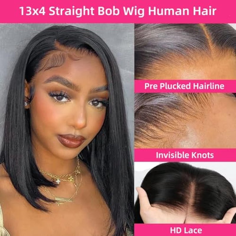 Caijuxing Bob Wig Human Hair 13x4 Straight Hd Lace Front Wigs with Baby Hair 180% Density Glueless Wigs Human Hair Pre Plucked Short Bob Wigs for Women (14 Inch)