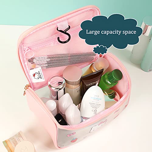 Cute Cartoon Womens Toiletry Bag, PU Leather Translucent Waterproof Toiletries Bag, Travel Makeup Bag Organizer (Pink)