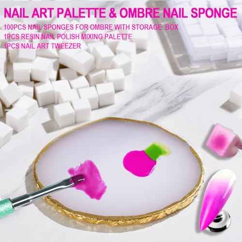 Nail Art Palette &100pcs Nail Sponges for Ombre-Resin Nail Polish Mixing Palette Pallet for Nail Art Tools Accessories;Soft Ombre Nail Sponge Nail Brush stuff for Nail Tech Must Haves Supplies