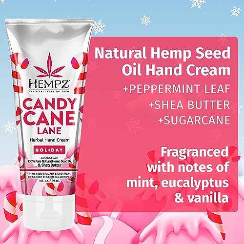 Hempz Limited Edition Candy Cane Lane Hand Cream Lotion (3 Oz) ? Mini Holiday Scented Travel Cream Skin Care for Women & Men, Made with Shea Butter for Combatting Dry Hands while Travelling