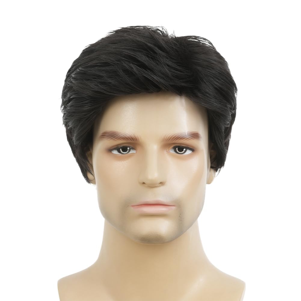 Men's Short Black Wig - Layered Straight Fluffy Hair for Daily Cosplay | Comfortable Fit