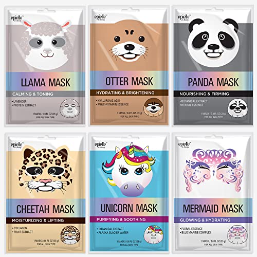 Epielle Animal Character Sheet Masks 6 Pack, Moisturizing & Hydrating Face Mask with Hyaluronic Acid & Botanical Extract, Korean Skin Care, Girls Spa Party Favors, Sleepover, Self Care Gifts for Women