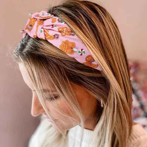 CiyvoLyeen Gingerbread Headband Ribbon Knotted with Jeweled Rhinestones for Women Wide Hot Pink Red Cookies GibberyHouse Hair Bands Girls Hair Accessories Gift Exchange Ideas 3PCS Christmas Gift
