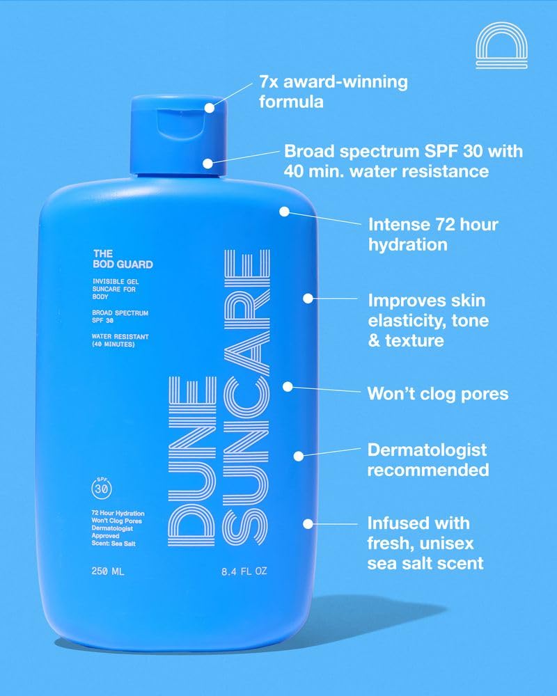 DUNE The Bod Guard Invisible Gel Body Sunscreen SPF 30, Broad Spectrum Sun Block, Clear No White Cast Sunscreen, 72 Hour Hydration, Water Resistant, Reef Friendly, Non-Greasy Body Sunscreen, 8.4 Fl Oz
