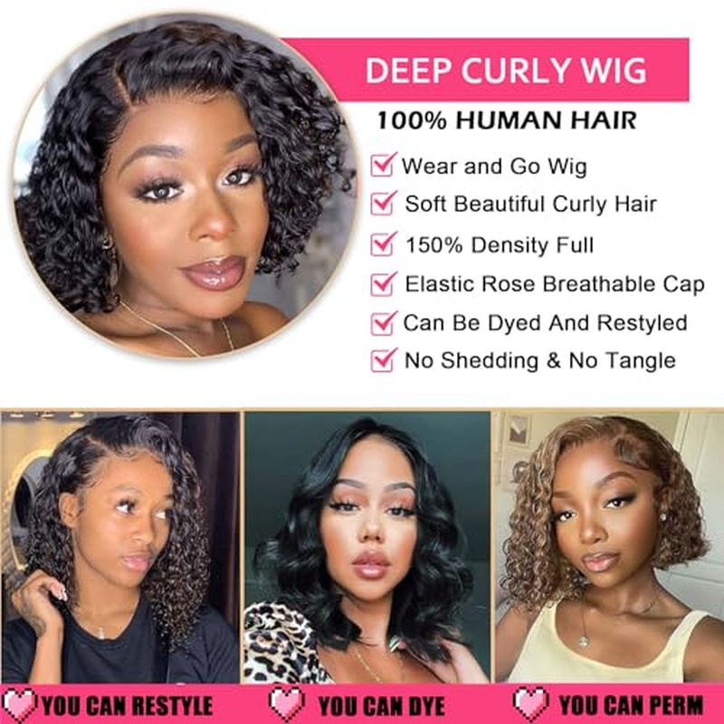 12 Inch Deep Curly Bob Wig Short Curly Human Hair Wigs for Women Jerry Curl Side Part Lace Front Wigs 100% Brazilian Remy Human Hair Wear and Go Glueless Wig 12A Natural Color