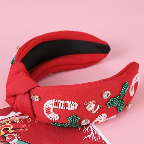 Christmas Jeweled Headbands for Women Girls Festive Christmas Hair Accessories Beaded Candy Cane Xmas Knotted Headband Embellished Wide Top Knot Hairband Holiday Gifts