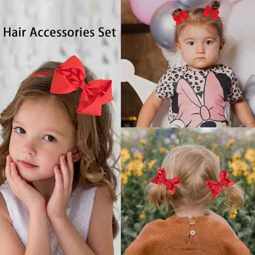 50PCS Red Hair Accessories Set - Grosgrain Ribbon Red Bows,Hair Clips,Hair Ties,Headbands, Uniform Hair Bows Accessories for Little Toddler Kids School Girls